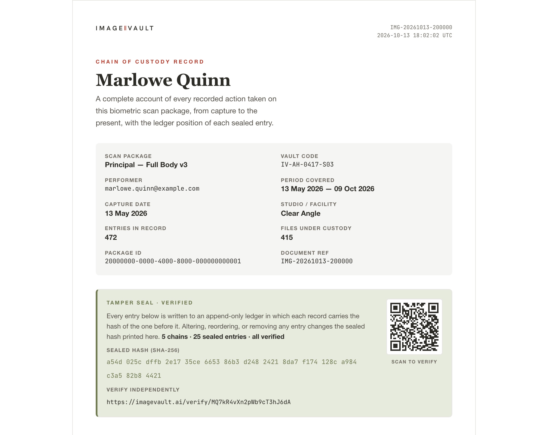 A printed chain-of-custody record for one scan package: performer, vault code, period covered, entries in the record, and a verified tamper seal with its SHA-256 hash and a QR code to verify it independently.
