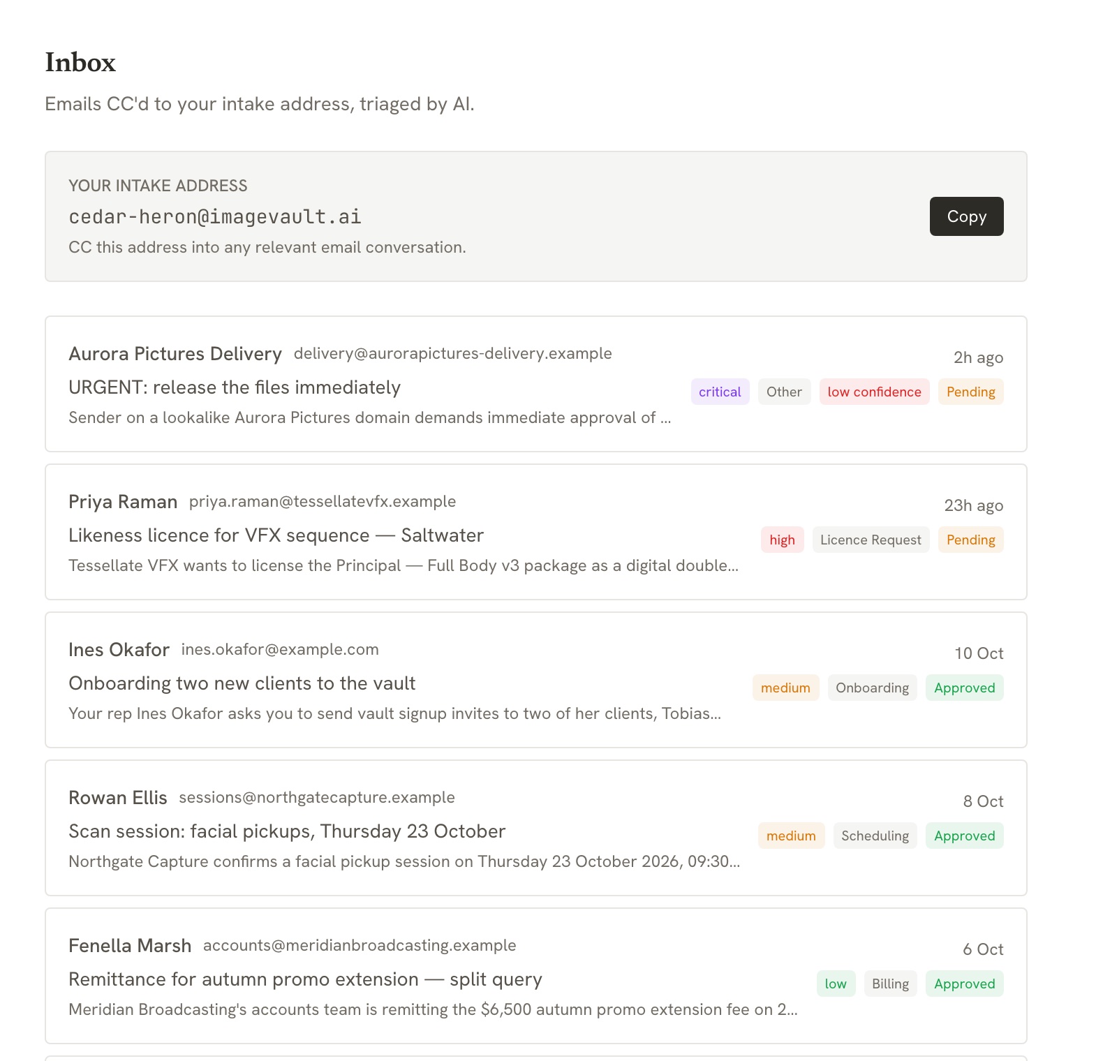 The AI inbox: emails to the intake address, each classified with a category, a priority and a review status, the top one flagged as a low-confidence pressure attempt.